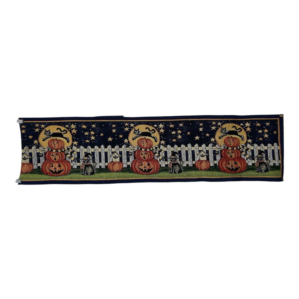 Vintage Tapestry Woven Halloween Table Runner 72 x 13 Black Cat Pumpkin Night